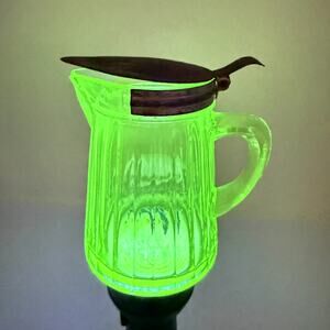 Uranium Glass Pitcher Green Glow Ribbed w Lid Vintage Chip Strong UV glow
